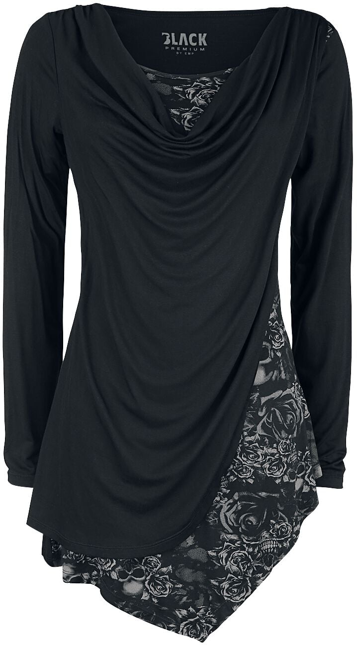 T-shirt manches longues  de Black Premium by EMP - Haut Manches Longues Noir Avec Col Cascade & Imprimé - XS à 5XL - pour Femme - noir - Black Premium by EMP