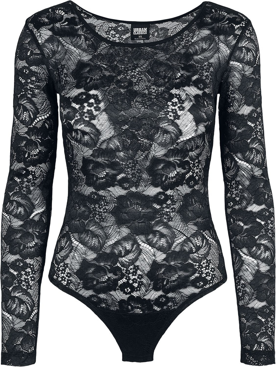 Body  de Urban Classics - Body Manches Longues Dentelle - XS à M - pour Femme - noir - Urban Classics