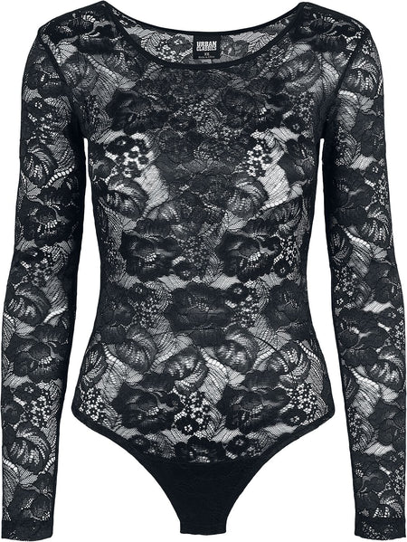Body  de Urban Classics - Body Manches Longues Dentelle - XS à M - pour Femme - noir - Urban Classics