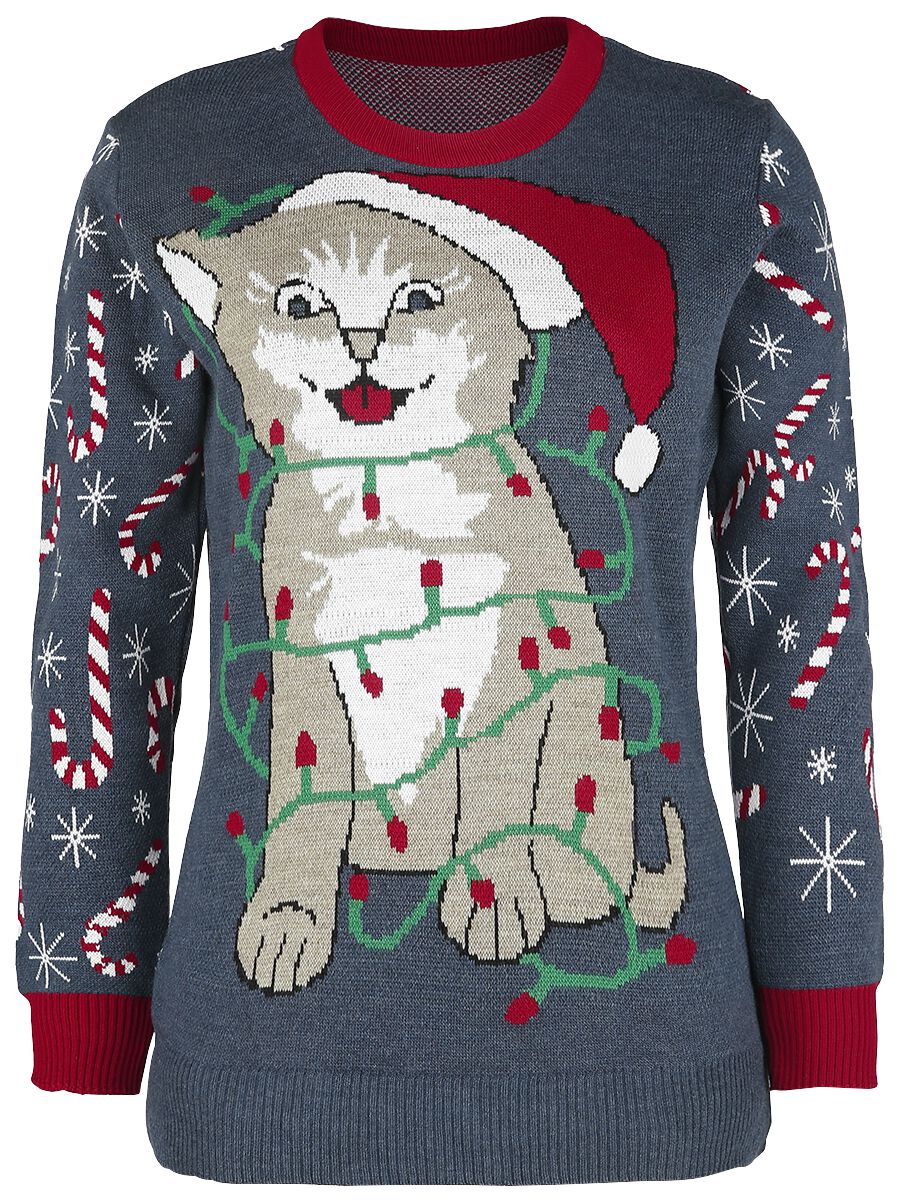 Pull de Noël Fun de Pull Moche De Noël - Chat Enguirlandé - S à 5XL - pour Femme - multicolore - Pull Moche De Noël
