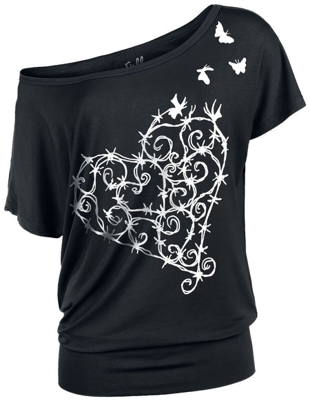 T-Shirt Manches courtes  de Full Volume by EMP - T-shirt avec Cœur en Fils Barbelés - S à 5XL - pour Femme - noir - Full Volume by EMP