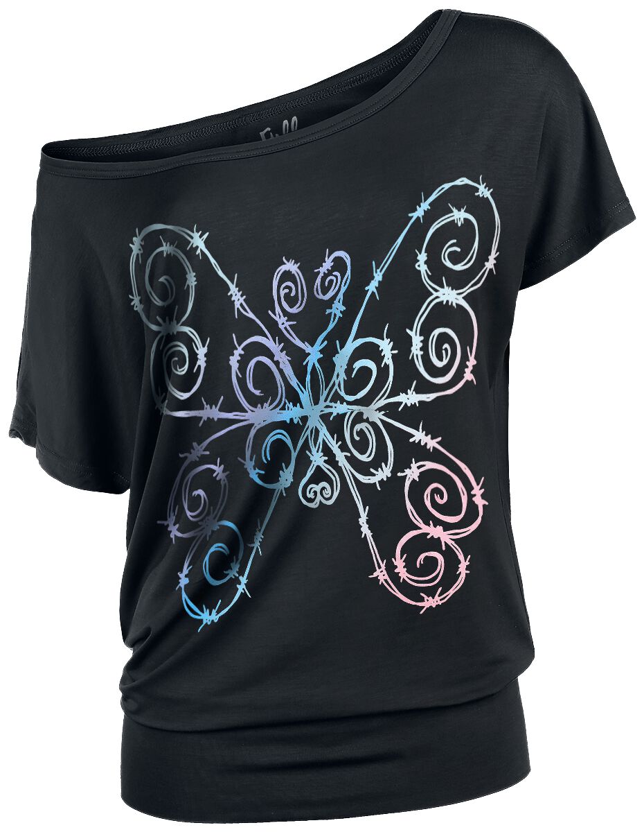 T-Shirt Manches courtes  de Full Volume by EMP - T-shirt avec fils barbelés coloré et papillons - XS à 5XL - pour Femme - noir - Full Volume by EMP