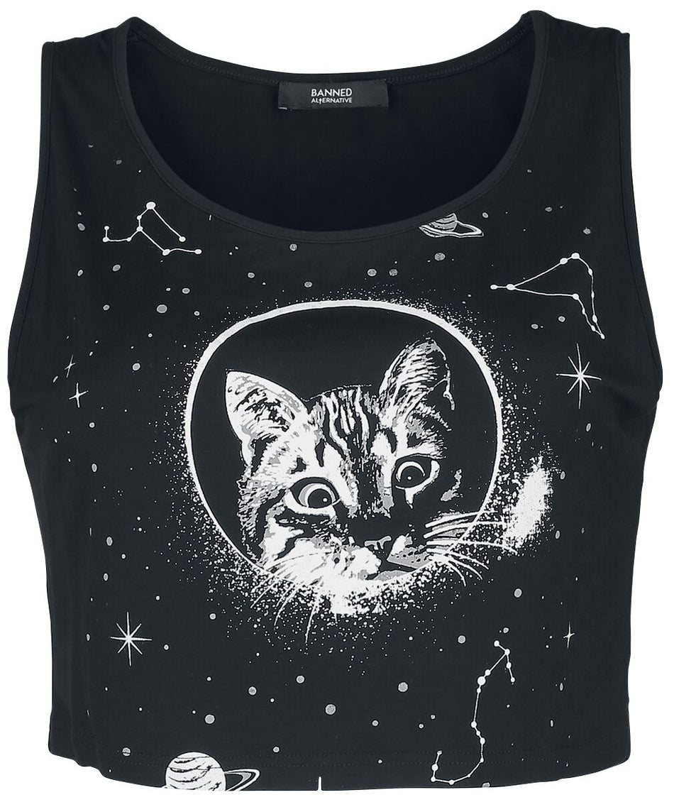 Top Gothic de Banned Alternative - Crop Top Space Kitty - XS à XXL - pour Femme - noir - Banned Alternative