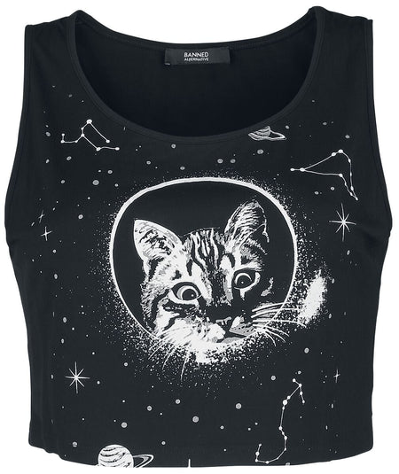 Top Gothic de Banned Alternative - Crop Top Space Kitty - XS à L - pour Femme - noir - Banned Alternative