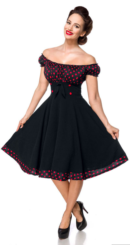 Robe mi-longue Rockabilly de Belsira - Robe Patineuse Avec Épaules Dénudées - XS à XXL - pour Femme - noir/rouge - Belsira