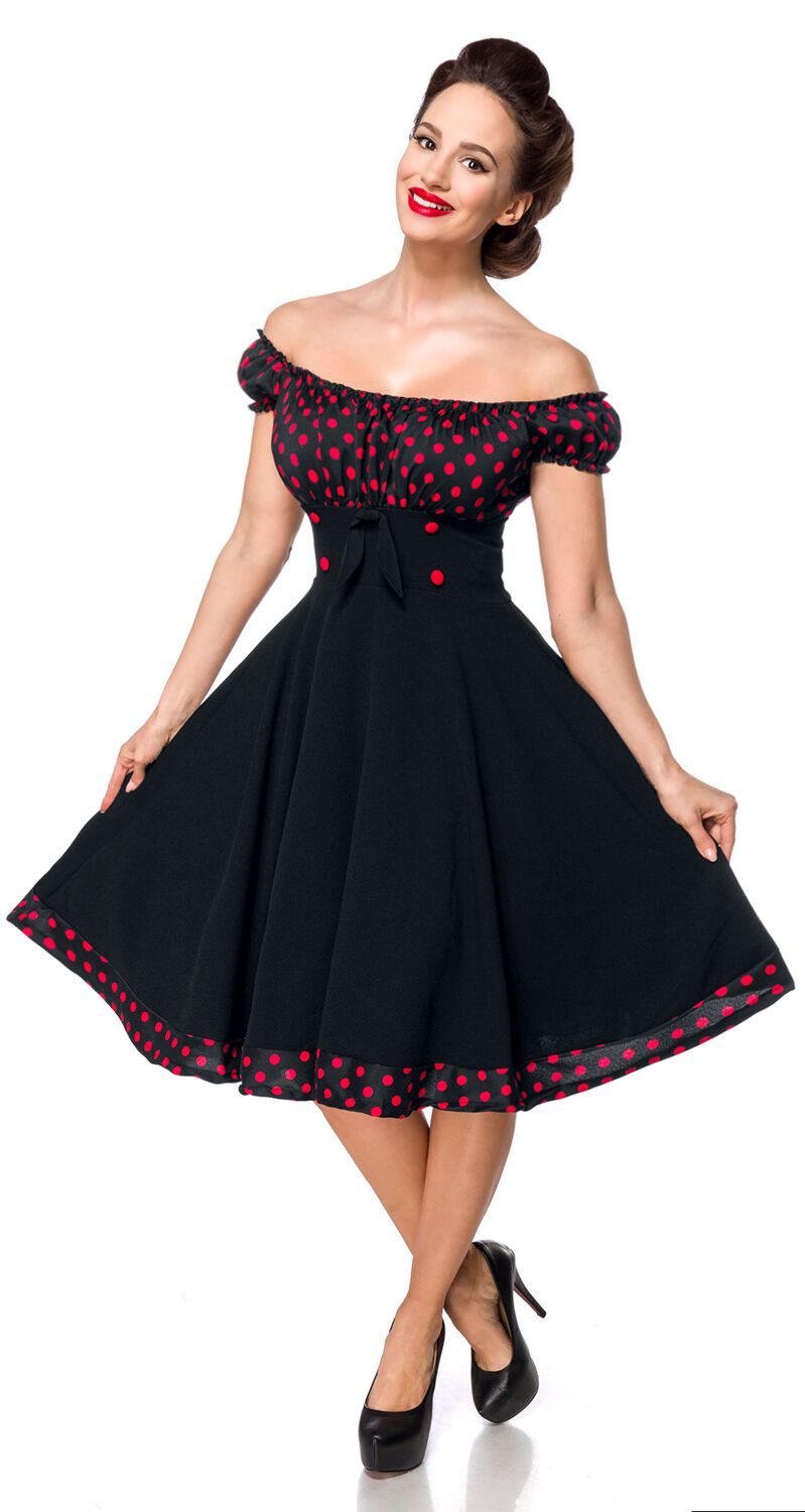 Robe mi-longue Rockabilly de Belsira - Robe Patineuse Avec Épaules Dénudées - XS à XXL - pour Femme - noir/rouge - Belsira