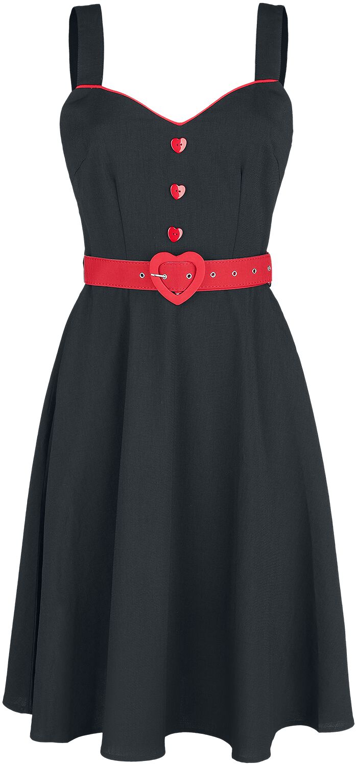Robe mi-longue Rockabilly de Voodoo Vixen - Robe Évasée Boutonnée Queen Heart - XS à 4XL - pour Femme - noir/rouge - Voodoo Vixen