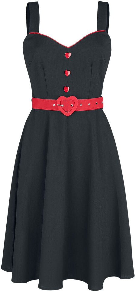 Robe mi-longue Rockabilly de Voodoo Vixen - Robe Évasée Boutonnée Queen Heart - XS à 4XL - pour Femme - noir/rouge - Voodoo Vixen