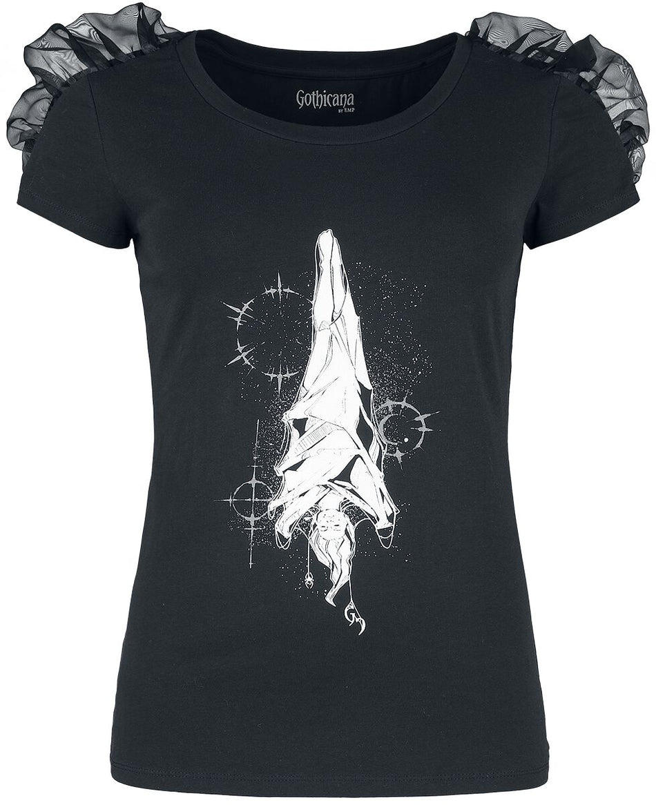 T-Shirt Manches courtes Gothic de Gothicana by EMP - T-shirt plissé avec imprimé mystique - S à M - pour Femme - noir - Gothicana by EMP