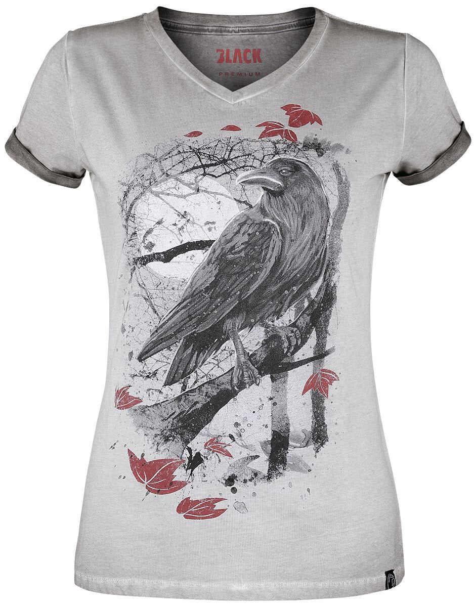 T-Shirt Manches courtes  de Black Premium by EMP - T-Shirt Avec Imprimé Corbeau - XS à 5XL - pour Femme - gris - Black Premium by EMP