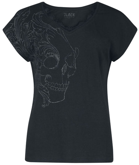 T-Shirt Manches courtes  de Black Premium by EMP - T-shirt imprimé crâne & dentelle - S à 5XL - pour Femme - noir - Black Premium by EMP