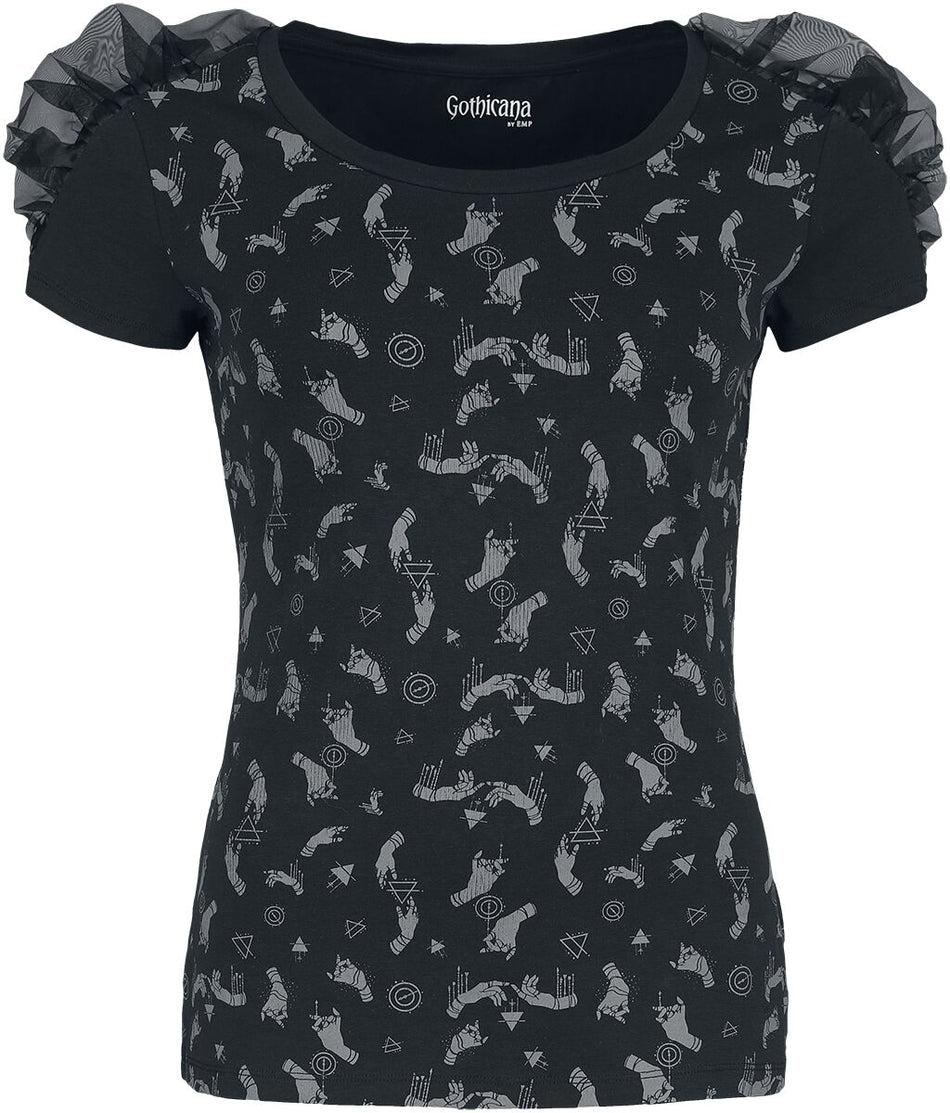 T-Shirt Manches courtes Gothic de Gothicana by EMP - T-shirt plissé avec imprimé intégral - S à L - pour Femme - noir - Gothicana by EMP