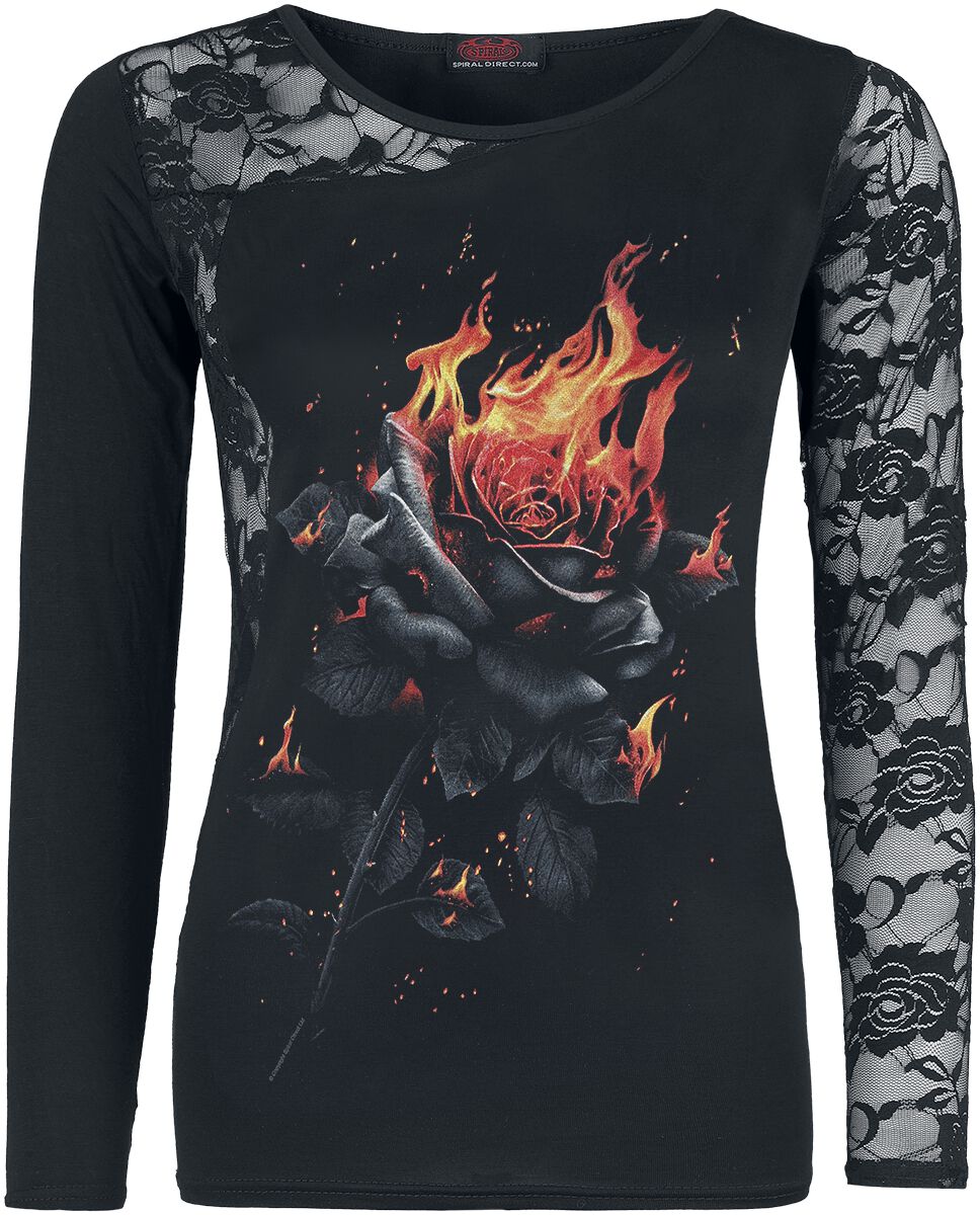 T-shirt manches longues Gothic de Spiral - Flaming Rose - S à XXL - pour Femme - noir - Spiral