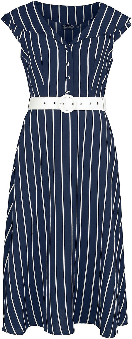 Robe mi-longue Rockabilly de Voodoo Vixen - Robe Rayée Évasée Large Col - XS à 4XL - pour Femme - bleu/blanc - Voodoo Vixen