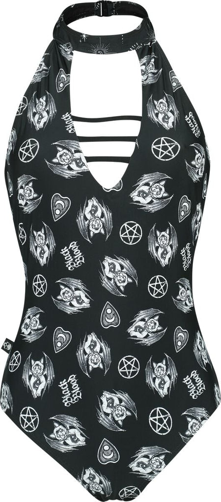 Maillots de bain Gothic de Black Blood by Gothicana - Maillot de Bain Dos-Nu avec Symboles Mystiques - S à XXL - pour Femme - noir - Black Blood by Gothicana
