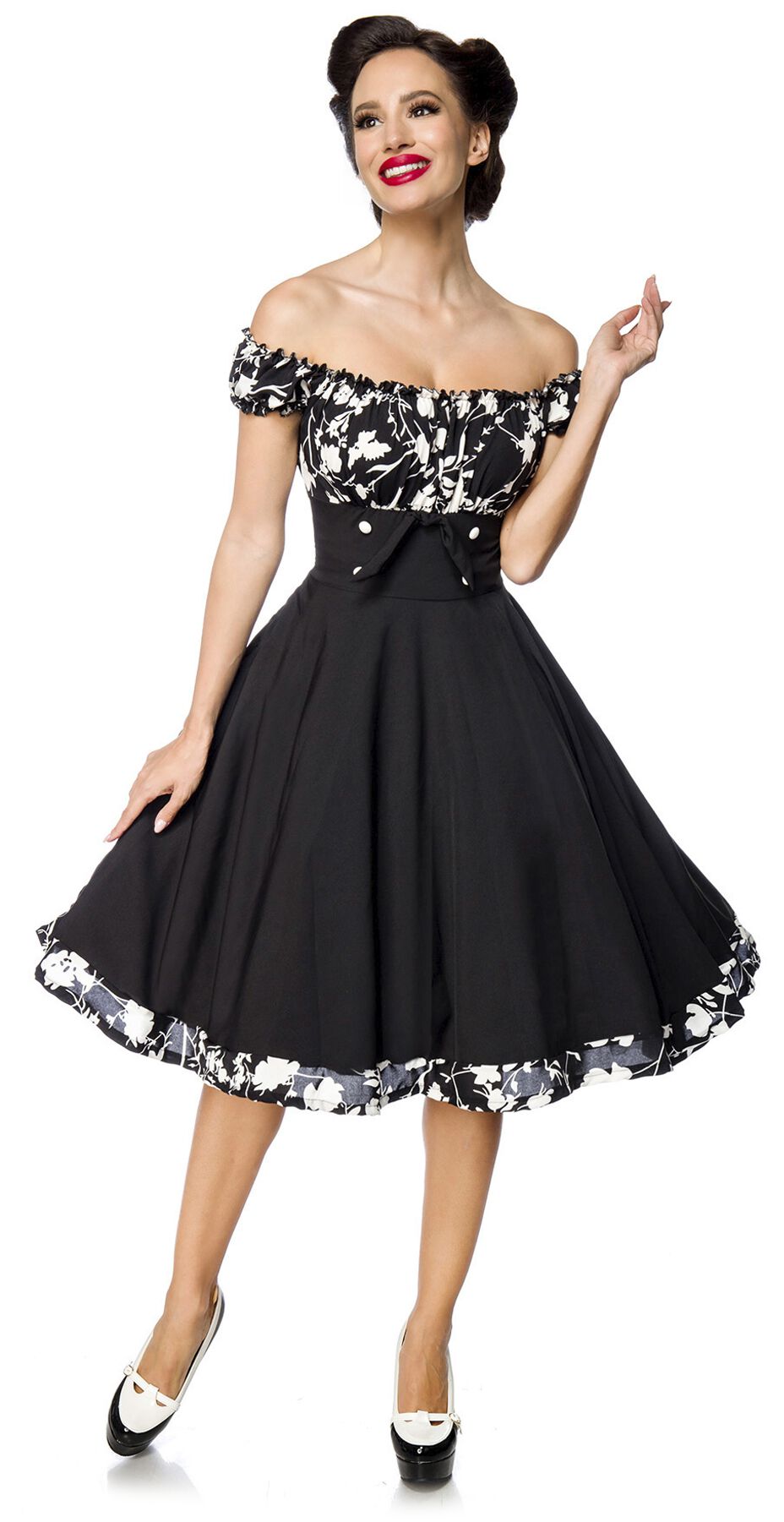 Robe mi-longue Rockabilly de Belsira - Robe Patineuse Avec Épaules Dénudées - M à 4XL - pour Femme - noir/blanc - Belsira
