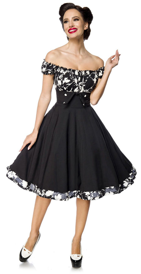 Robe mi-longue Rockabilly de Belsira - Robe Patineuse Avec Épaules Dénudées - M à 4XL - pour Femme - noir/blanc - Belsira