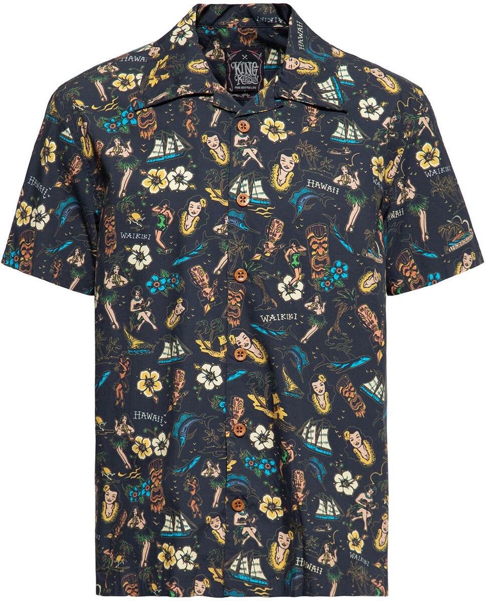 Chemise manches courtes Rockabilly de King Kerosin - Chemise Deluxe Tropical Hawaiian-style - M à 4XL - pour Homme - noir - King Kerosin