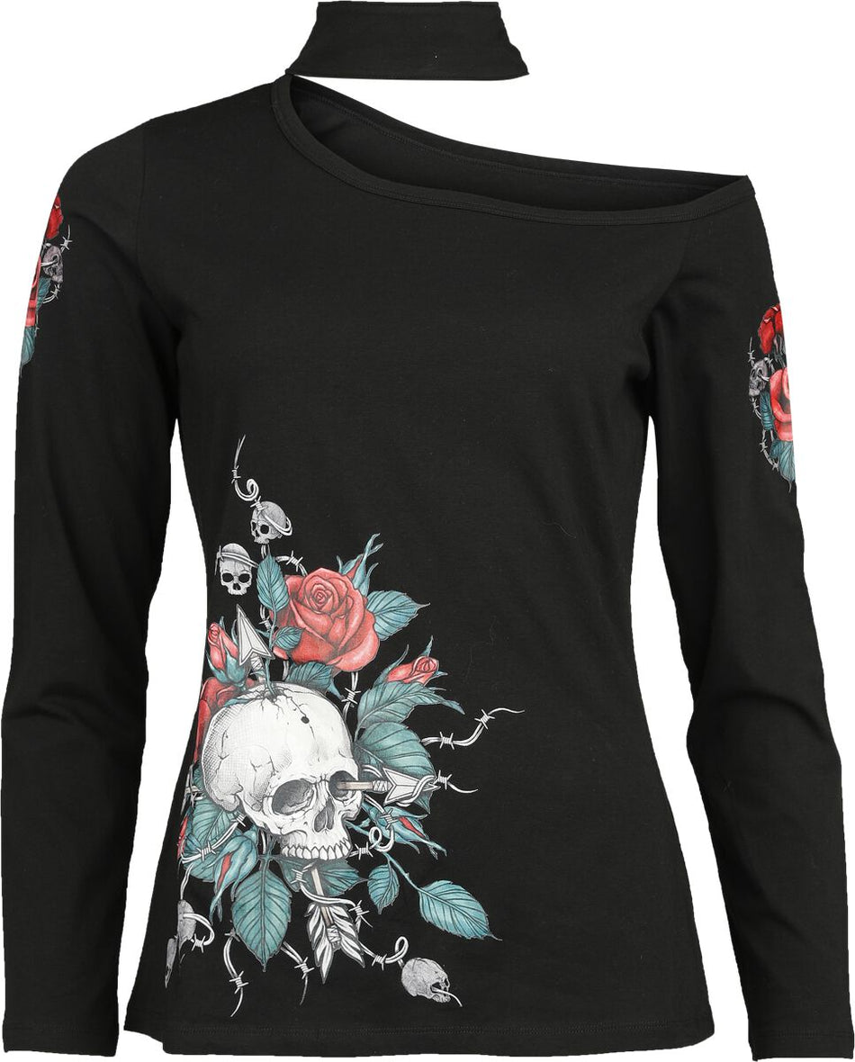 T-shirt manches longues  de Rock Rebel by EMP - Haut Manches Longues Imprimé Crâne & Roses - S à XL - pour Femme - noir - Rock Rebel by EMP