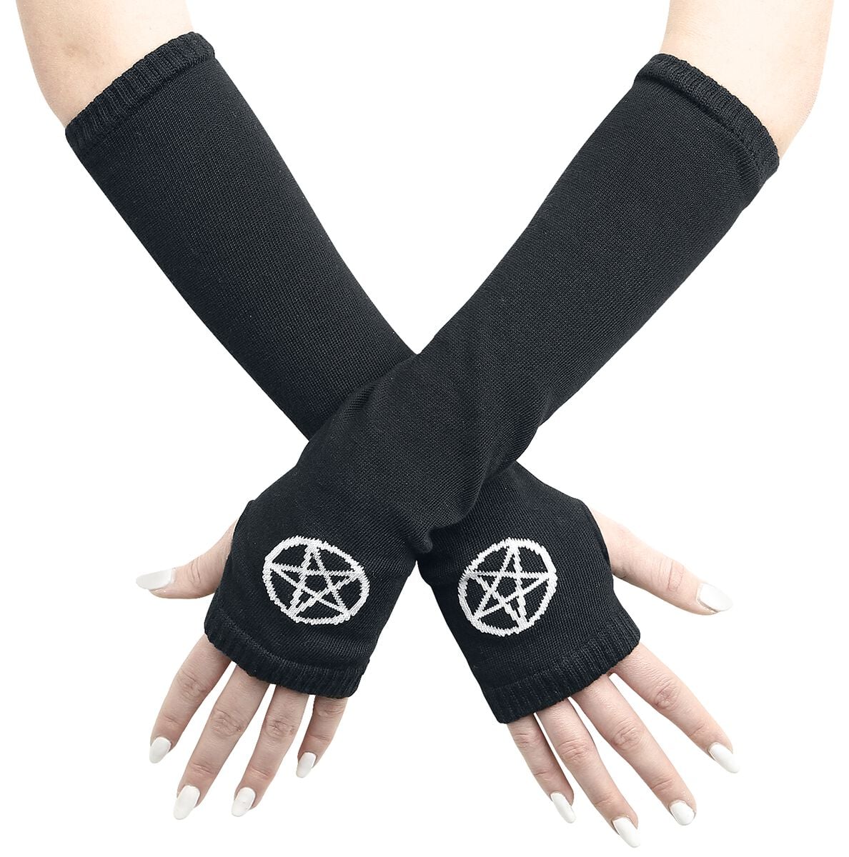 Mitaines montantes Gothic de Pamela Mann - Gants Pentagramme - pour Femme - noir/blanc - Pamela Mann