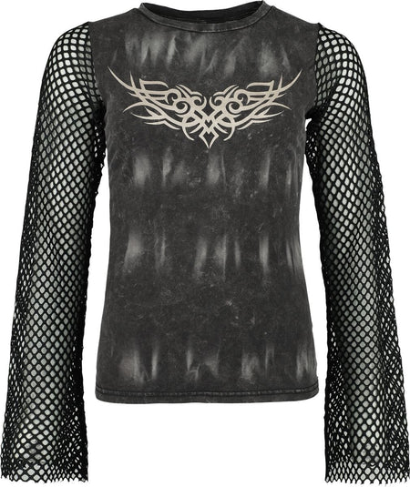 T-shirt manches longues  de Rock Rebel by EMP - Longsleeve With Used Wash And Mesh Sleeves - S à XXL - pour Femme - marron/noir - Rock Rebel by EMP