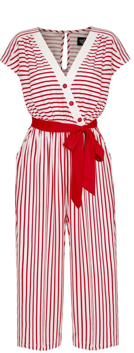 Salopette Rockabilly de Hell Bunny - Ahoy Jumpsuit - XS à S - pour Femme - rouge/blanc - hell bunny
