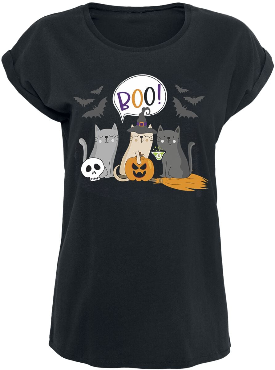 T-Shirt Manches courtes Fun de Slogans - Chats Halloween - Boo! - XS à 5XL - pour Femme - noir - Slogans
