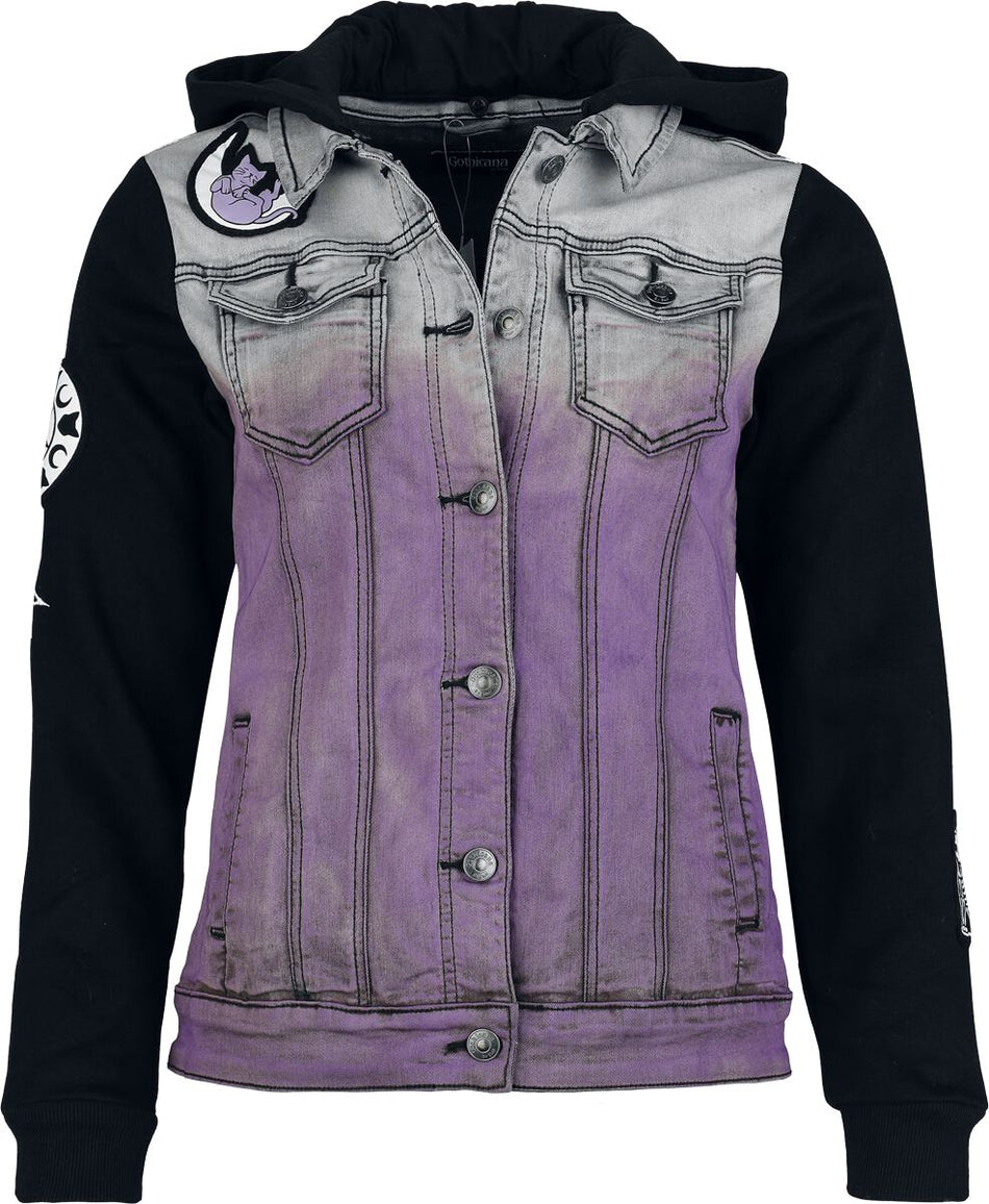 Veste en Jean  de Gothicana by EMP - Veste avec Patchs Chats - S à M - pour Femme - noir/lilas - Gothicana by EMP