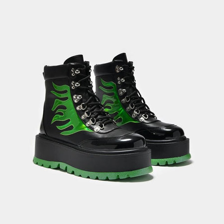Bottes lacées Gothic de KOI - CHA CHA CHA Hologram Flame Boots - EU36 à EU38 - pour Unisexe - noir/vert - KOI