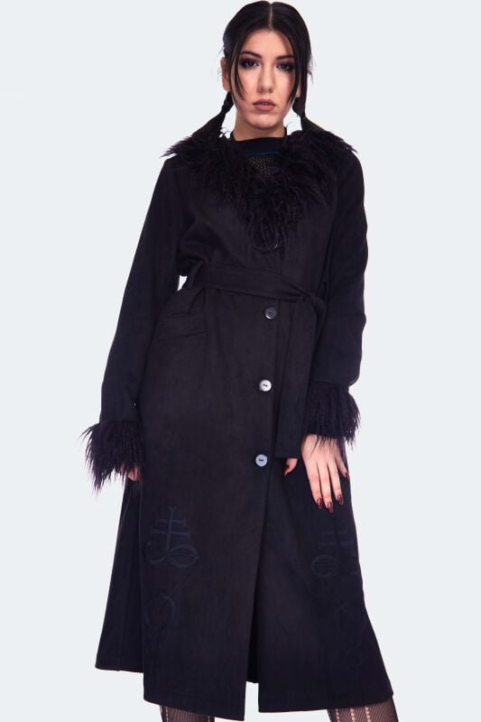 Manteaux Rockabilly de Jawbreaker - Spirited Embroidered Maxi Suede Coat - M à XL - pour Femme - noir - Jawbreaker