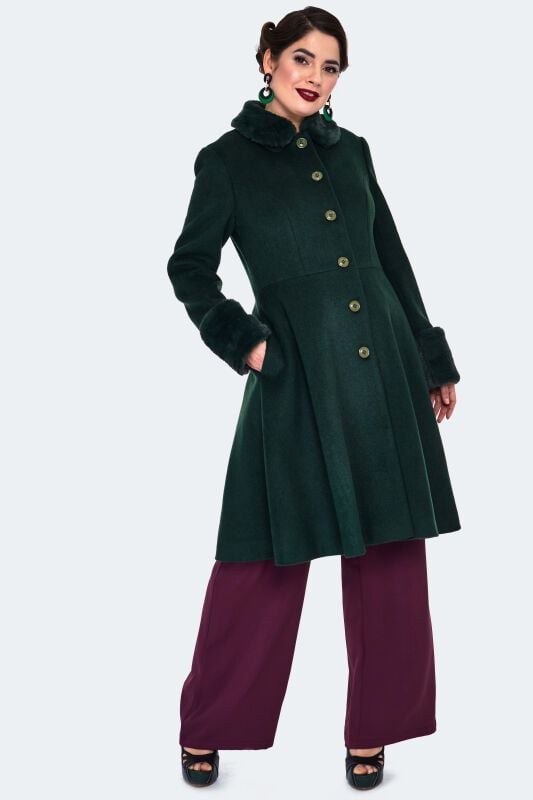 Manteaux Rockabilly de Voodoo Vixen - Faux Fur Trim Flare Coat - XS à L - pour Femme - vert - Voodoo Vixen