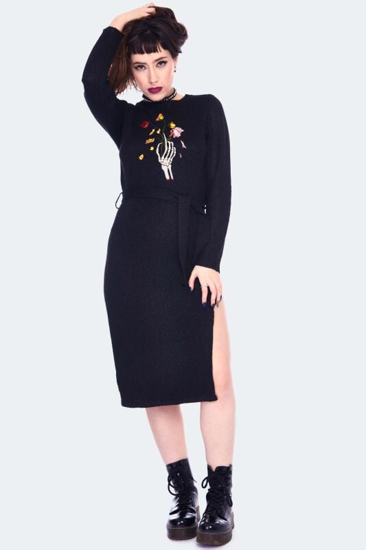 Robe mi-longue Gothic de Jawbreaker - Dead Flowers Embroidered Knitted Midi Dress - XS à S - pour Femme - noir - Jawbreaker