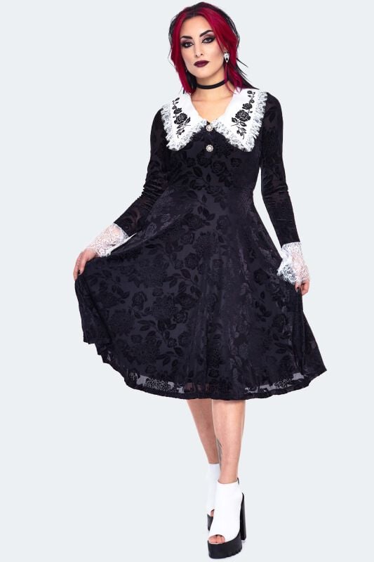 Robe mi-longue Gothic de Jawbreaker - Velvet Lace Collar Dress - XS à S - pour Femme - noir/blanc - Jawbreaker