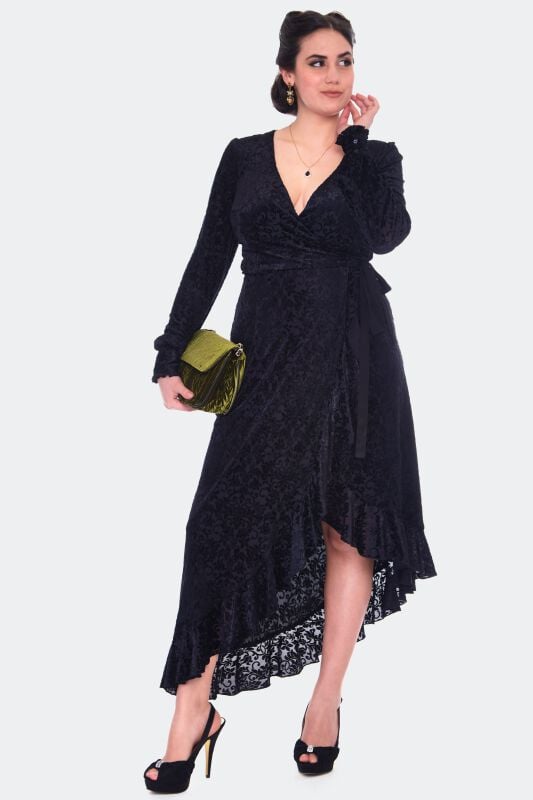 Robe mi-longue Gothic de Voodoo Vixen - Devore Long Sleeve Wrap Dress - XS à M - pour Femme - noir - Voodoo Vixen