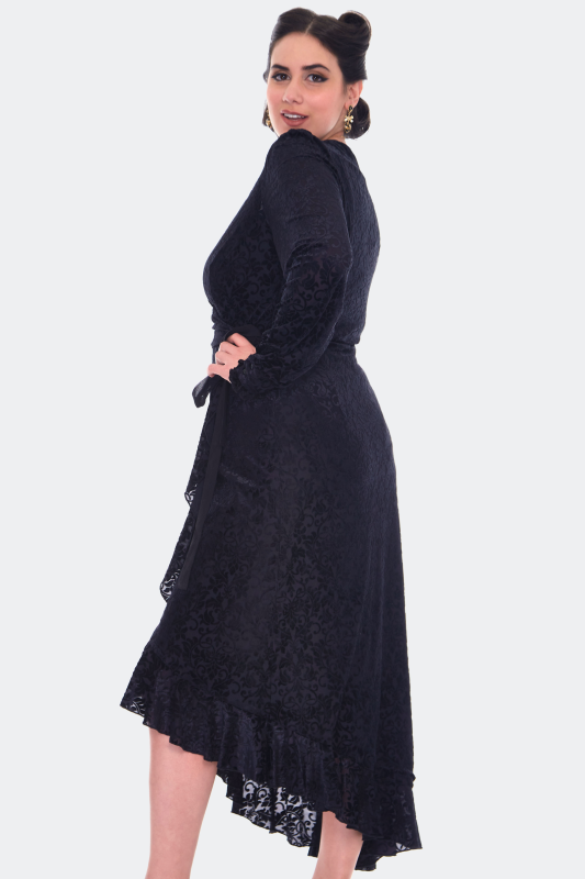 Robe mi-longue Gothic de Voodoo Vixen - Devore Long Sleeve Wrap Dress - XS à M - pour Femme - noir - Voodoo Vixen - View 2