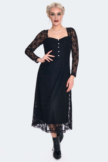 Robe mi-longue Gothic de Voodoo Vixen - Vintage Style Lace Midi Dress - XS à M - pour Femme - noir - Voodoo Vixen
