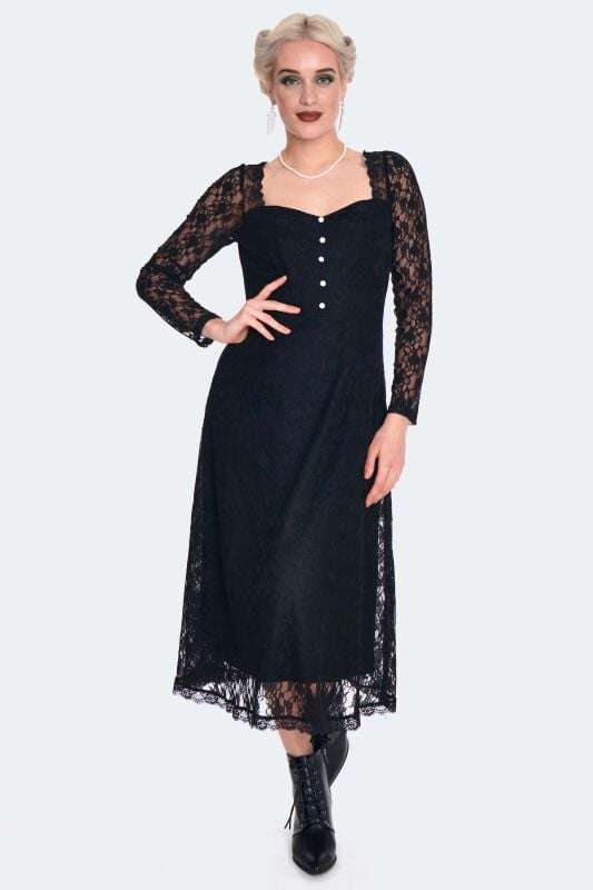 Robe mi-longue Gothic de Voodoo Vixen - Vintage Style Lace Midi Dress - XS à M - pour Femme - noir - Voodoo Vixen