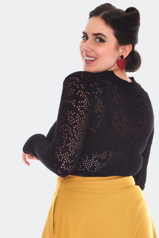 Pull tricoté Rockabilly de Voodoo Vixen - Pull Tricoté Dentelle Col Froncé - XS à M - pour Femme - noir - Voodoo Vixen - View 2