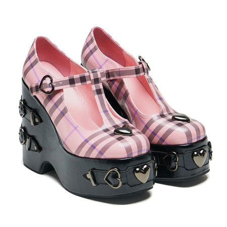Talons hauts Gothic de KOI - Sweet Apathy Plaid Wedge Mary Janes - EU38 à EU41 - pour Femme - noir/rose - KOI
