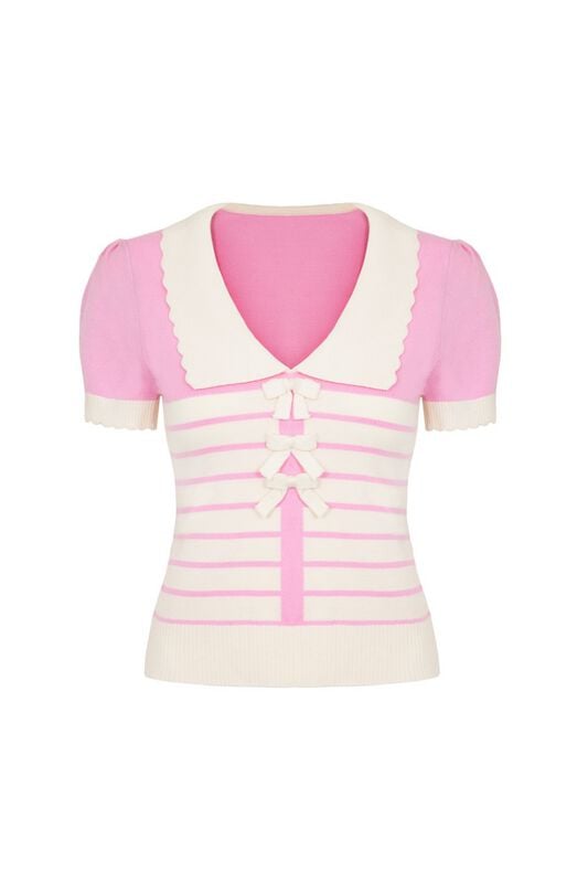 T-Shirt Manches courtes Rockabilly de Hell Bunny - Jennie Top - M - pour Femme - blanc/rose - hell bunny