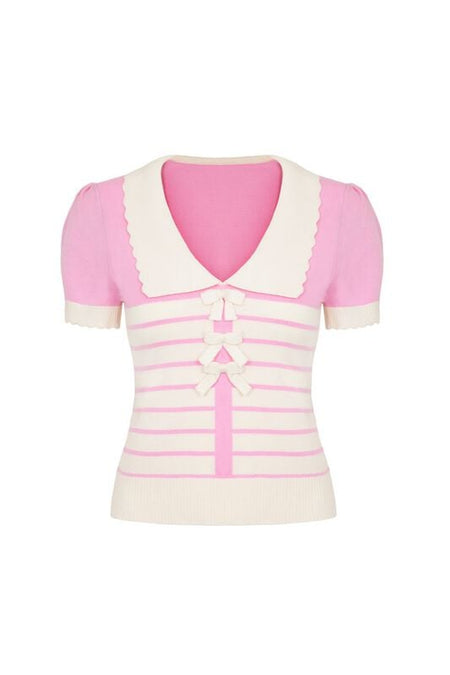 T-Shirt Manches courtes Rockabilly de Hell Bunny - Jennie Top - M - pour Femme - blanc/rose - hell bunny