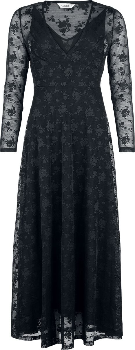 Robe longue Rockabilly de Banned Retro - Florence - Robe Longue avec Dentelle - S - pour Femme - noir - Banned Retro