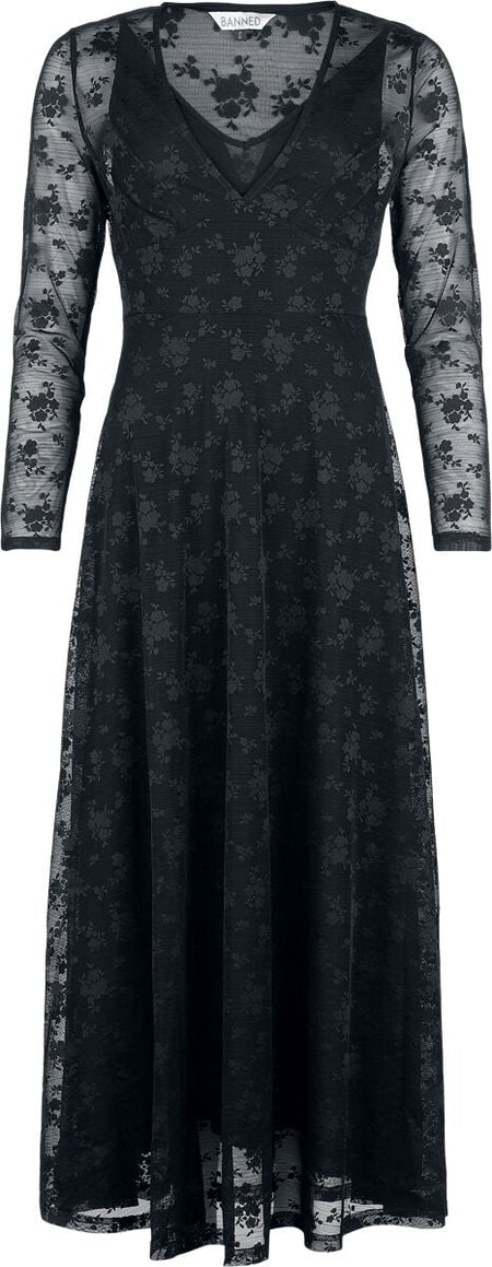 Robe longue Rockabilly de Banned Retro - Florence - Robe Longue avec Dentelle - S - pour Femme - noir - Banned Retro