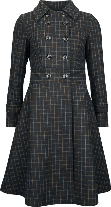 Manteaux Rockabilly de Voodoo Vixen - Double Breasted Collared Check Coat - S à M - pour Femme - noir/marron - Voodoo Vixen