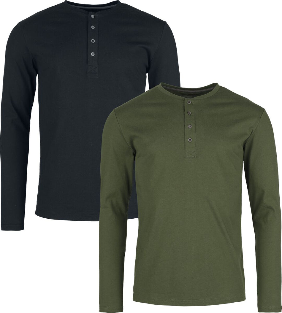 T-shirt manches longues  de Black Premium by EMP - Henley - Hauts Manches Longues (Lot de 2) - M - pour Homme - noir/olive - Black Premium by EMP