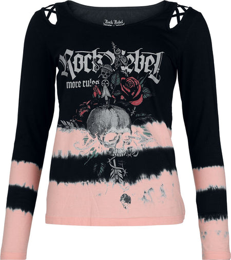 T-shirt manches longues  de Rock Rebel by EMP - Skulls & Details - S à XL - pour Femme - noir/rose - Rock Rebel by EMP