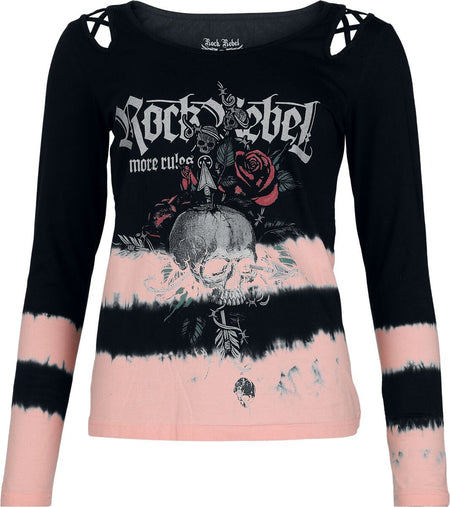 T-shirt manches longues  de Rock Rebel by EMP - Skulls & Details - S à XL - pour Femme - noir/rose - Rock Rebel by EMP