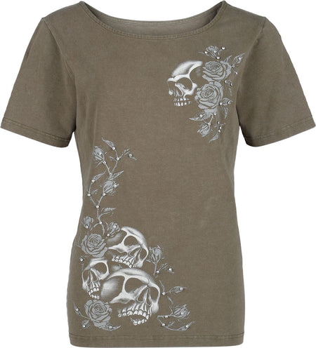 T-Shirt Manches courtes  de Rock Rebel by EMP - Crâne & Strass - T-Shirt - S à XXL - pour Femme - olive - Rock Rebel by EMP