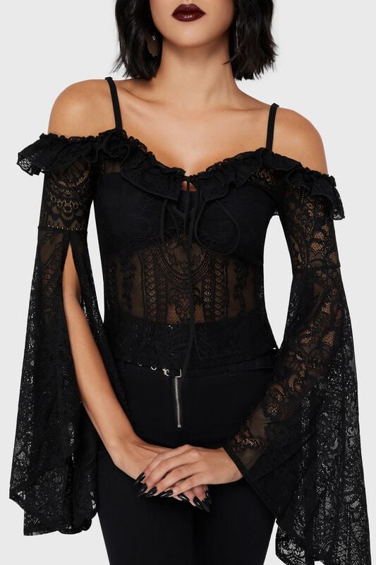 T-shirt manches longues Gothic de Killstar - Haut Bardot en dentelle Belladonna – Breathless Lace - XS à XXL - pour Femme - noir - Killstar