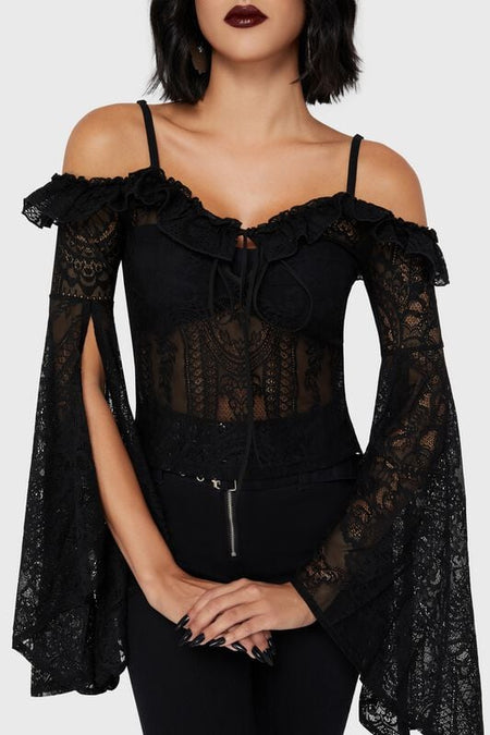 T-shirt manches longues Gothic de Killstar - Haut Bardot en dentelle Belladonna – Breathless Lace - XS à XXL - pour Femme - noir - Killstar